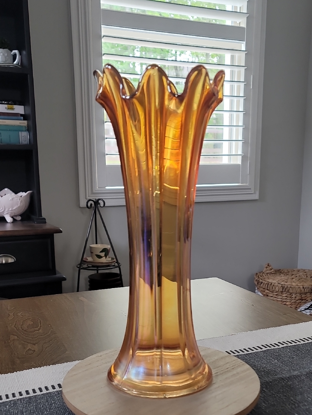 Vintage Marigold Iridescent Carnival Glass Swung Vase Please Read!